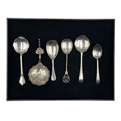 Dutch silver caddy spoon with embossed bowl, import mark London 1892, silver caddy spoon Sheffield 1918, Arts and Crafts design preserve spoon, two others and a silver bowls teaspoon 3.7oz (6)  