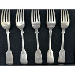 Five Victorian silver fiddle pattern table forks with engraved initials Exeter 1858 Maker Josiah Williams & Co 12.6oz