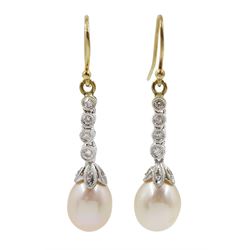 Pair of 18ct white gold cultured white/pink pearl and diamond pendant earrings, with 9ct yellow gold fish hooks