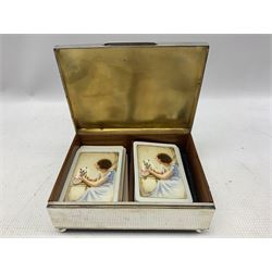 Edwardian silver rectangular playing card box, the hinged lid engraved 'Bridge' with divided interior and on ball feet 15cm x 11cm Chester 1902 Maker William Neale & Sons