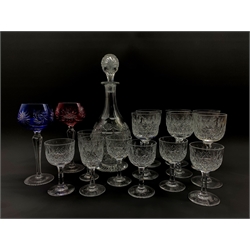 Set of six Thomas Webb 'Normandy' pattern wine glasses, five smaller glasses and two liqueur glasses, a Thomas Webb crystal decanter and two Harlequin hock glasses 