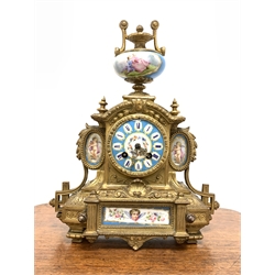 19th century French brass mantel clock with Severus porcelain panels, surmounted by urn finial, eight day twin train movement striking on bell, W30cm