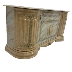 Italian classical style composite marble side cabinet, shaped top over central drawer and two-door cupboard flanked by two single cupboards with moulded column design fronts, on shaped plinth base 