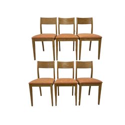 Set of six contemporary light oak dining chairs, floral covered seat pads, raised on square tapered supports W46cm