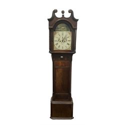 A mid-19th century Irish mahogany cased longcase clock by William Sprat, Saintfield, Ireland, with a swans neck pediment with wooden patera and finial, with a recessed break arch hood door flanked by two turned and ringed columns, trunk with canted corners and raised panels with a matching rectangular flat topped door, on a rectangular plinth with conforming canted corners and a flat base (feet missing) , a fully painted break arch dial with matching spandrels and a depiction of a country house and lake to the arch, with Roman numerals and minute track, subsidiary seconds dial and date disc behind an arched aperture, with matching unstamped brass hands and painted depiction of birds of paradise to the dial centre, dial pinned via a steel false plate to an eight day rack striking movement, striking the hours on a cast bell. With pendulum and weights. 
Notes: The Sprat family were prolific Irish clockmakers working in Ireland during the 18th and 19th century, William  first working in Ardmillan (Ireland) then Saintfield d1848.
