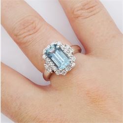 18ct white gold emerald cut aquamarine and round brilliant cut diamond cluster ring, aquamarine approx 2.10 carat