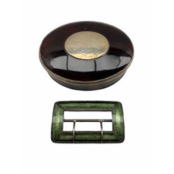 Silver and green enamel buckle London 1911 and an early 19th century oval tortoiseshell box and cover inscribed 'James Smith, London (damaged)