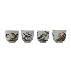 Four 18th century Meissen  ornithological teacups, each hand painted with birds perched on a low branch and rockwork, amidst flying insects, with scroll handles and gilt rims and three associated Meissen saucers, D13.5cm, together with a pair of Meissen porcelain cups and saucers, each hand painted with birds within gilt shaped rims, blue crossed swords marks beneath (11) Provenance: From the Estate of the late Dowager Lady St Oswald
