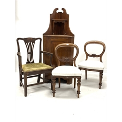   Pair of Victorian mahogany balloon back dining chairs with turned front supports, (W50cm) a Georgian mahogany carver dining chair (W62cm) and a Edwardian walnut floor standing corner cupboard, W63cm   