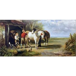 English School (20th century): Horses in Farmyard Stable, oil on panel indistinctly signed, housed in heavy gilt stepped frame 19cm x 39cm