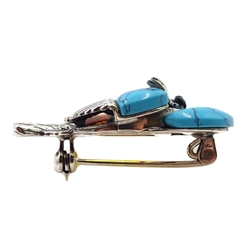 Silver Balic amber and turquoise kingfisher brooch, stamped 925