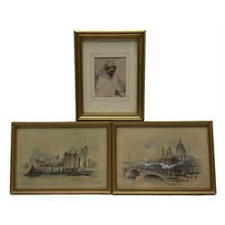 ED (British 19th century): 'Lambeth Palace' and 'Blackfriars Bridge', pair watercolours signed and titled 16cm x 23cm; Polish School (Early to mid-20th century): Portrait of Figure in Scarf, watercolour inscribed verso 10cm x 8cm (3)