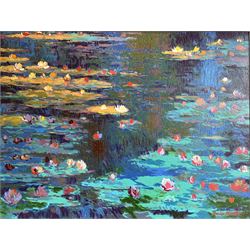 John Myatt (British 1945-) after Claude Monet (French 1840-1926): 'Water Lilies', giclée print on canvas hand embellished with oils and varnishes, signed and numbered 80/99 verso, comes with the Atelier Collection certificate of authenticity 74cm x 100cm