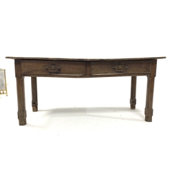 19th century French elm farmhouse kitchen work table, with two frieze drawers, raised on square chamfered supports, 162cm x 67cm, H72cm