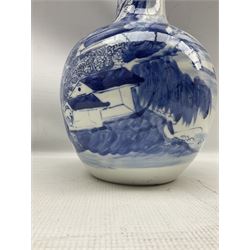 Chinese Qing dynasty blue and white bottle vase painted with a continuous landscape scene depicting boats on a river, a farmer with a tethered buffalo and pavilions and mountains, double ring mark and collector's paper label beneath, H30cm