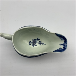 Small Worcester Fisherman and Billboard Island pattern strap fluted sauce boat, painted in blue with two Chinese scenes in the reserved panels, the interior with floral spray and ornament, diaper borders, L14cm 