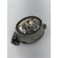 19th century Dutch silver peppermint box of oval design with embossed hinged cover and engraved body H4.5cm