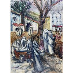 Lotti Reizenstein (German/British 1904-1982): Women Washing Clothes in a Middle Eastern Village, mixed media on paper signed 48cm x 34cm
