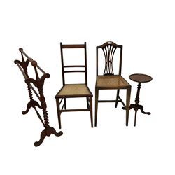Two Edwardian hall chairs together with a towel rail and wine table 