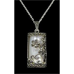 Silver mother of pearl and marcasite pendant necklace, stamped 925