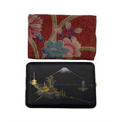 Japanese Taisho period mixed metal damascene cigarette case in the manner of Komai having gold and silver inlay decoration depicting Mount Fuji, signature verso and K24, with cotton cover, L12cm