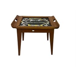 Mid-20th century South American butterfly tray occasional table, the glass top depicting landscape scene, the border inlaid, on square tapering supports