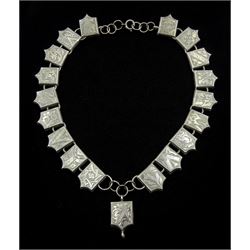Victorian silver shield link necklace, each panel with bright cut decoration