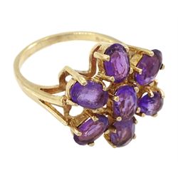 9ct gold oval amethyst cluster ring, hallmarked
