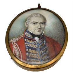 19th century oval portrait miniature, watercolour on ivory of a military officer in scarlet tunic 6cm x 5cm. This item has been registered for sale under Section 10 of the APHA Ivory Act