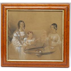 J P Petal (British 19th century): Mother and Daughters Playing a Game, watercolour and pastel indistinctly signed and dated 1845, 32cm x 35cm