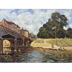 Stanislas Lépine (French 1835-1892) after Alfred Sisley (French 1839-1899): 'Bridge at Hampton Court', oil on board signed and dated '74, 32cm x 42cm