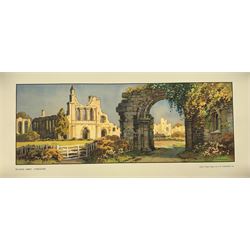 Three unframed carriage prints from the LNER post-war series, 1945-57 comprising Byland Abbey, Yorkshire and High Force, Teesdale after E. W. Haslehust and Harrogate, Yorkshire after Jack Merriott, 25.5cm x 51cm