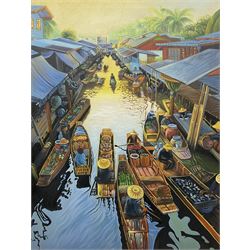 Thai School (20th century): Ratchaburi Floating Market - Thailand, oil on canvas unsigned 79cm x 60cm
