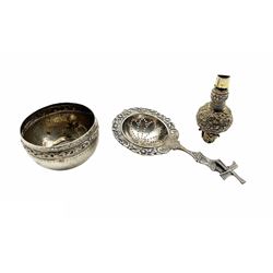 Early 19th Century silver gilt baby's whistle, not hallmarked but makers mark 'WP',  Dutch strainer and a small Eastern pot