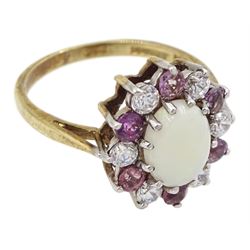 9ct gold opal, pink stone and cubic zirconia cluster ring, Birmingham 1989
