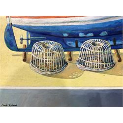 Mark Richards (British contemporary): Two Crab Pots, oil on canvas signed 30cm x 39cm