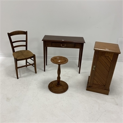 Mahogany side table with moulded top over single drawer, raised on square tapered supports, (W84cm) a turned jardinière stand, (H57cm) a pitch pine bedside cuboard, (H81cm) and a 19th century country chair with string seat, (W39cm)