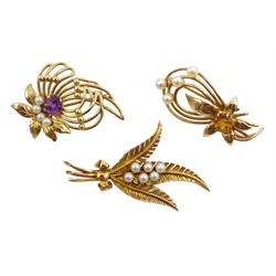  Two gold flower pearl and stone set brooches and a gold pearl brooch, all hallmarked 9ct  