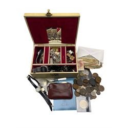 Jewellery box and contents of jewellery,  watches, coins etc