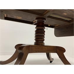 Regency mahogany sofa table banded in rosewood and satinwood with drop end leaves, two frieze drawers and turned column and platform base with quartette splay supports, W92cm, D63cm, H73cm