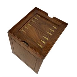 20th century hardwood occasional games table having brass inlay decoration, and reversible lid with chessboard and concealed backgammon with two drawers containing a complete turned wooden chess set
