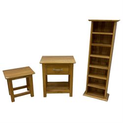 Light oak bedside table with drawer (W50cm, H57cm, D35cm); light oak narrow bookcase (W37cm, H112cm, D21cm); and a small light oak table (40cm x 33cm, H40cm) (3)