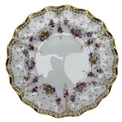 Three Royal Crown Derby plates comprising a pair of Asian Rose dinner plates no. 8687 D27cm and a Royal Antoinette pattern wavy rim plate (3)