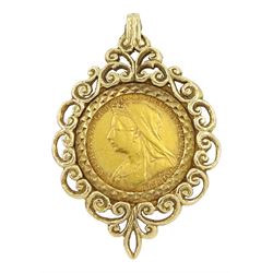 Queen Victoria 1899 gold half sovereign coin, loose mounted in 9ct openwork pendant, hallmarked