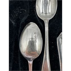 Eleven silver tea spoons with floral finials Birmingham 1939, George III silver table spoon, preserve spoons etc 10.6oz