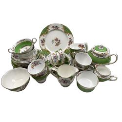 Royal Albert Albany Green pattern part tea set comprising five teacups, six saucers, six tea plates, sugar bowl and milk jug, three Paragon Rockingham teacups and one side plate and an Old Royal China tea for one