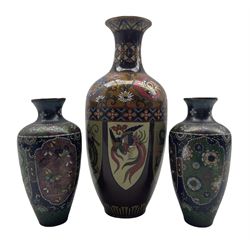 Japanese Meiji Cloisonne ovoid form vase the body with panel decoration depicting dragons and phoenix birds, some panels with gold speckle decoration H31cm, together with another pair of Japanese Cloisonne vases (3)