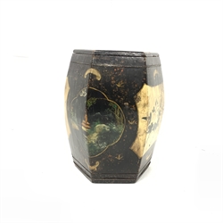 Oriental wooden barrel shape container of hexagonal design with removeable lid and painted with landscapes etc H46cm
