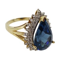 9ct gold pear shaped London blue topaz and diamond chip cluster ring, hallmarked 