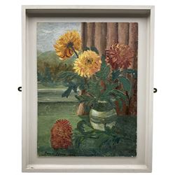 English School (Mid-20th century): Still Life of Chrysanthemums in the Garden, impressionist oil on board indistinctly signed and dated 1959, 51cm x 38cm 